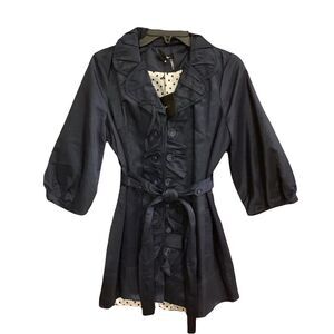 Ryu Belted Button-Up Ruffle Coat Sz M Pockets Navy Blue Preppy